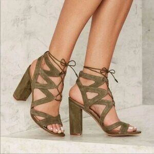 Sam Edelman Yardley Moss Green Suede Caged Lace-up Sandals with Chunky Heel 7.5M